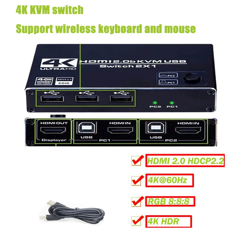 

HDMI2.0 KVM Switch 2 Port 4K @ 60Hz USB Switch KVM Switcher Splitter Box for Sharing Printer Keyboard Mouse KVM Switch