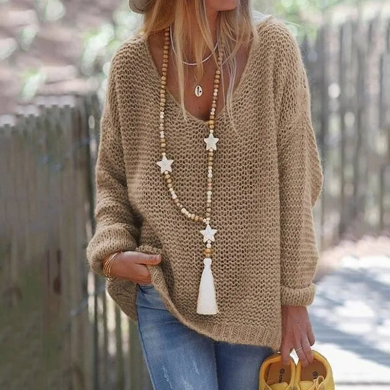 

F2020 Woman's Fashionable Solid Color Loose Sweater Sexy V-neck Long Sleeve Casual Knitted Pullover Daily Life