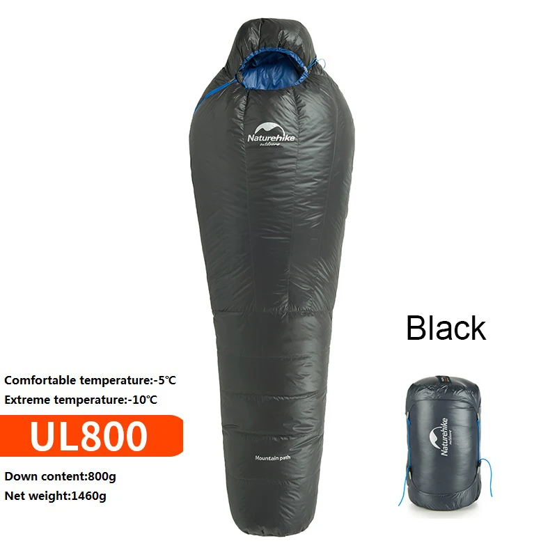 Black Fill 800g NatureHike Мумия спальный мешок Сверхлегкий Открытый Кемпинг взрослый спальный мешок с компрессионным мешком теплый зимний-20~-10 градусов Цельсия - Цвет: Black Fill 800g