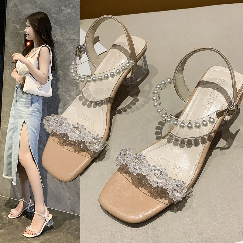 

Женские сандалии на квадратном каблуке, универсальные эспадрильи средней высоты с жемчугом, лето 2021