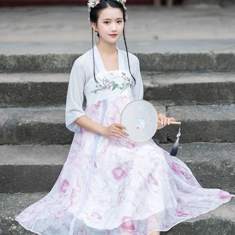 

Improved Hanfu dress, female undergarment, summer new style embroidered ancient style fairy high waist mid-sleeve chiffon midi s