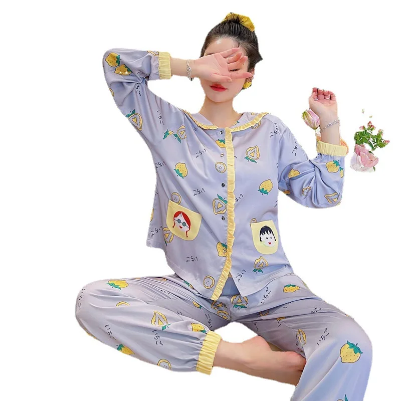 

Осенняя пижама с длинными рукавами Корейская версия снежного шелка милый костюм атласная Милая пижама из искусственного шелка
