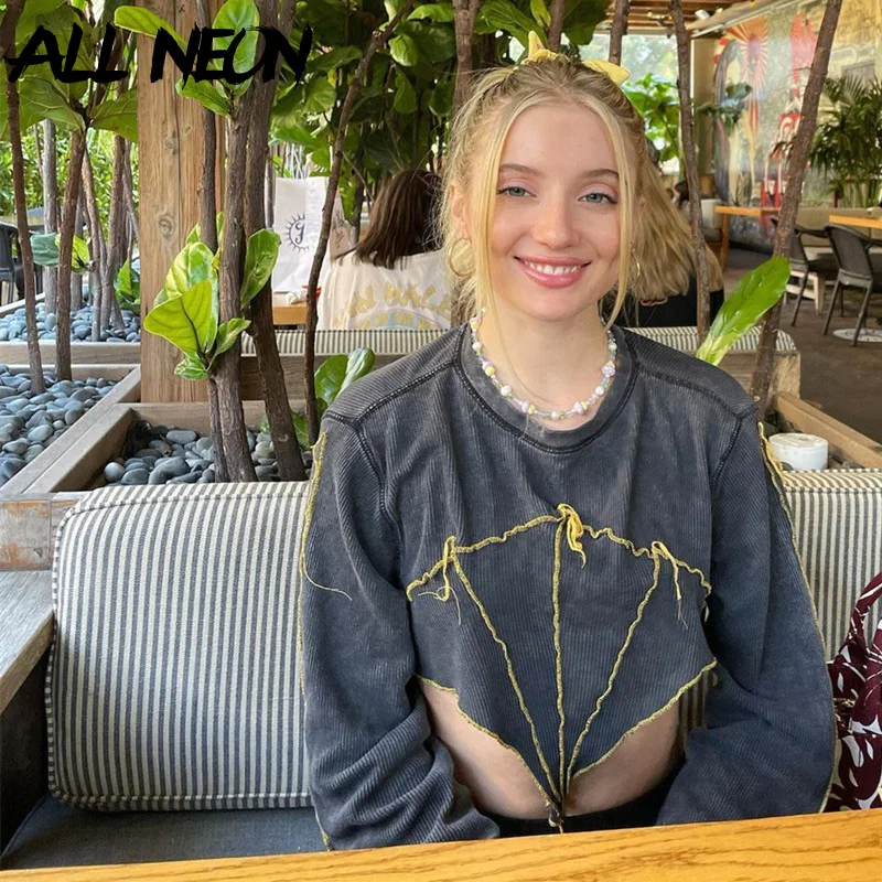 

ALLNeon Grunge Punk Aesthetics Patchwork Corduroy Crop Tops 90s Streetwear Indie Crew Neck Stitching Long Sleeve Pullovers Grey