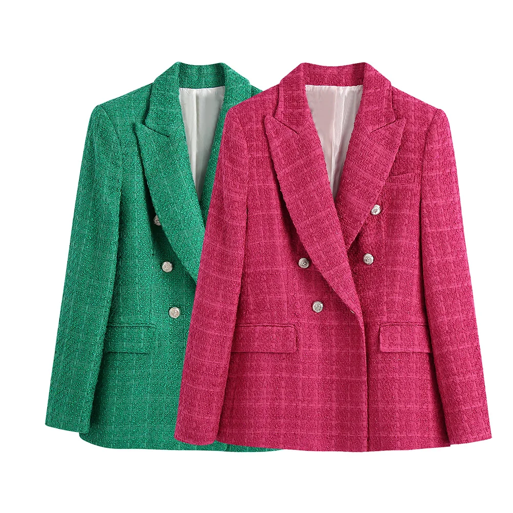 

Blazers For Women Office Elegant Peak Lapel Long Sleeve Tweed Blazer Women Flap Pockets Double Breasted Blazers Suit Jackets