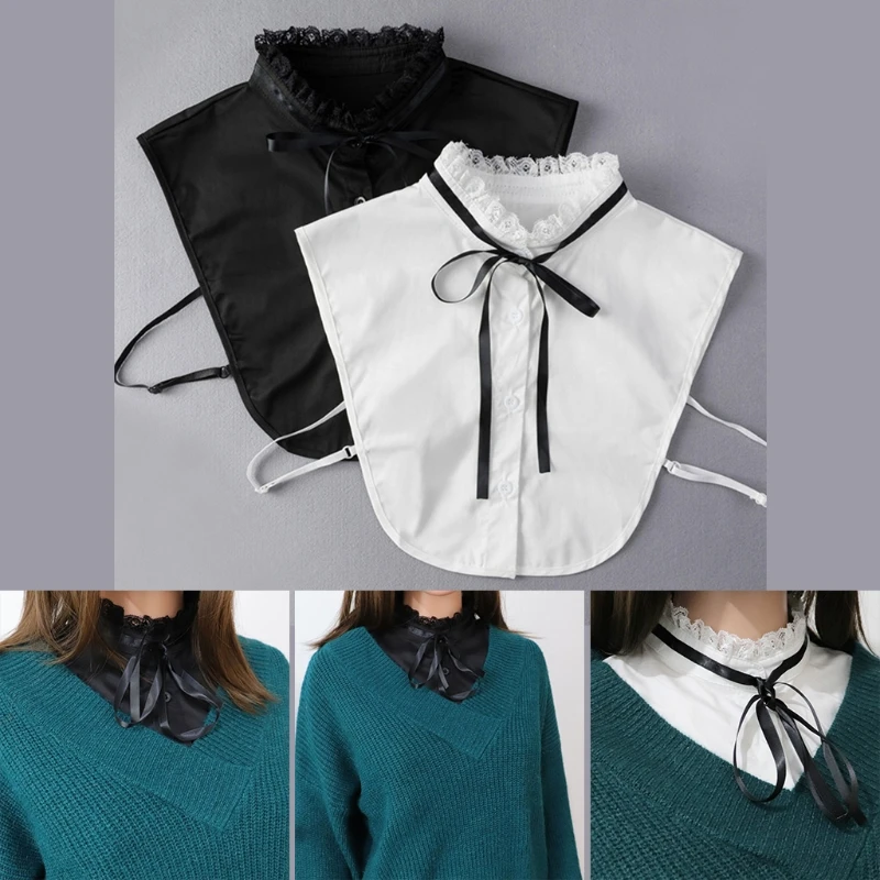 

Office Lady Ruffled Lace Fake Stand Collar Half Shirt Button Down Retro Ribbon Bowtie Detachable Blouse Dickey Necklace