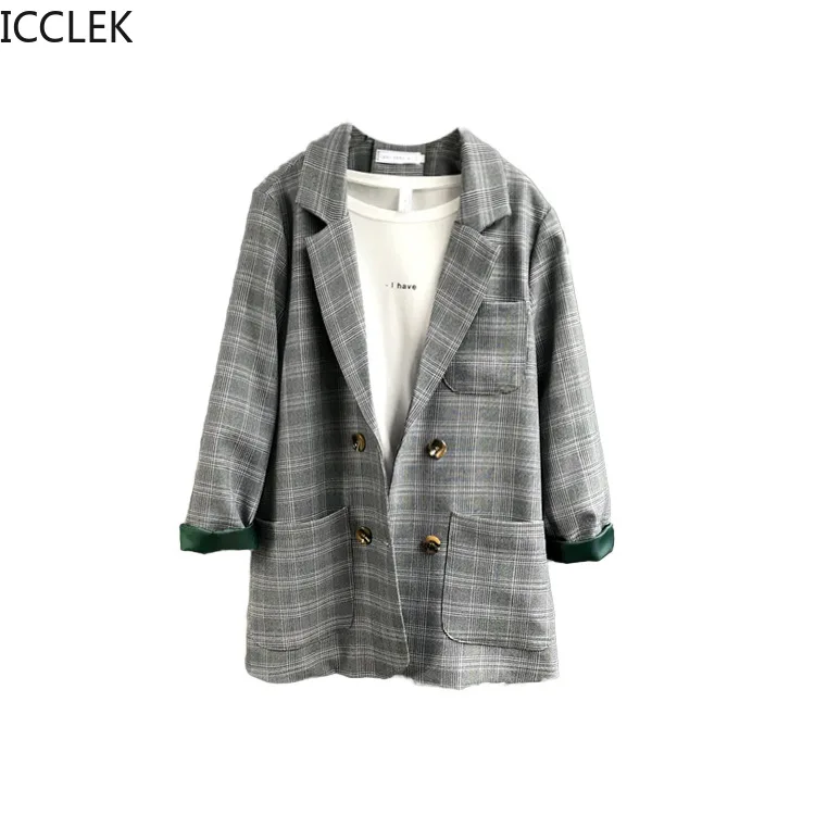 

ICCLEK Autumn New Retro Plaid Women's Double-breasted Chic Small Blazer Streetwear Casual Loose Jacket