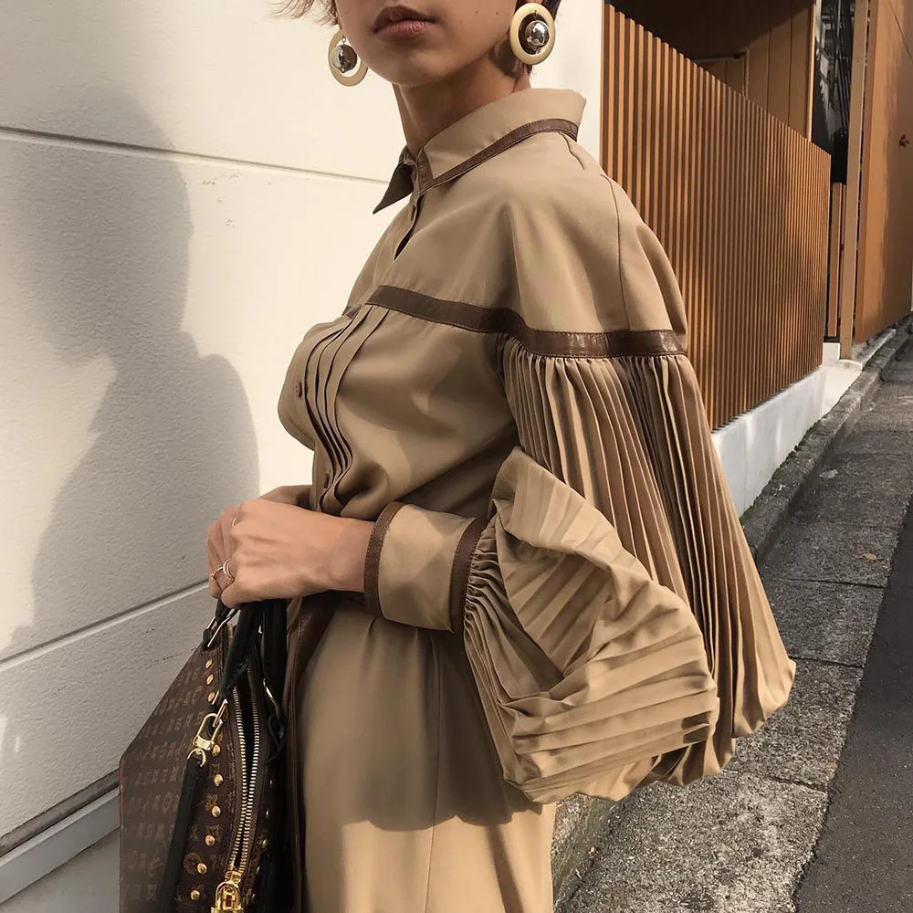

Female Long Dress Casual Elegant Office Ladies Korean Japanese Women Maxi Dresses Female Long Autumn Pleated Patchwork Shirt