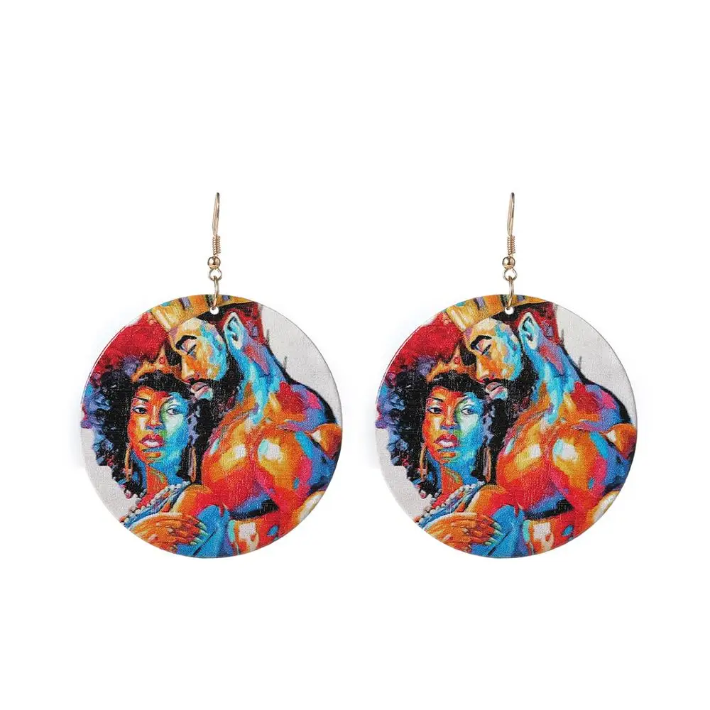 GZBEIYANG 2019 Ethnic Wooden Print African Woman Round Pendant Earrings for Vintage Jewelry Accessories Women Gifts | Украшения и