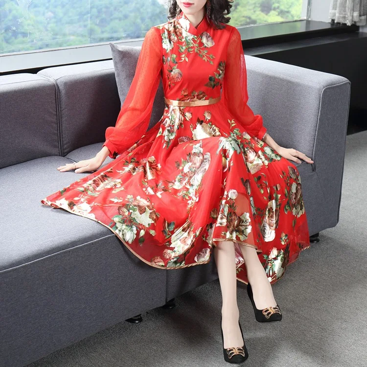 

Elegant Lady Stand Collar Puff Sleeve Dress Fashion Peony Printed High Waist Slimming Maxi Dress 2021 Summer Large Swing Dress