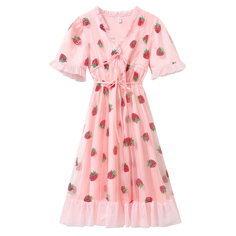

Mesh Dresses Summer Women Pink Strawberry Sequins Embroidery Ruffles A-line Bandage Dress Elegant High Waist Vacation Midi Dress