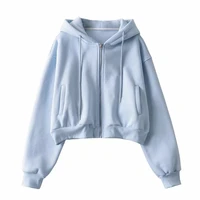 autumn spring womens zip up hoodies pockets slim crop top women jacket female clothes drawstring white sexy hoody cotton coats