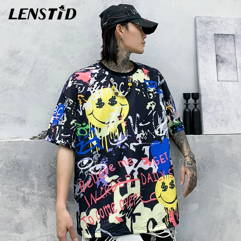 LENSTID Мужская футболка со смайликом и граффити Harajuku 2020 уличная в стиле хип-хоп