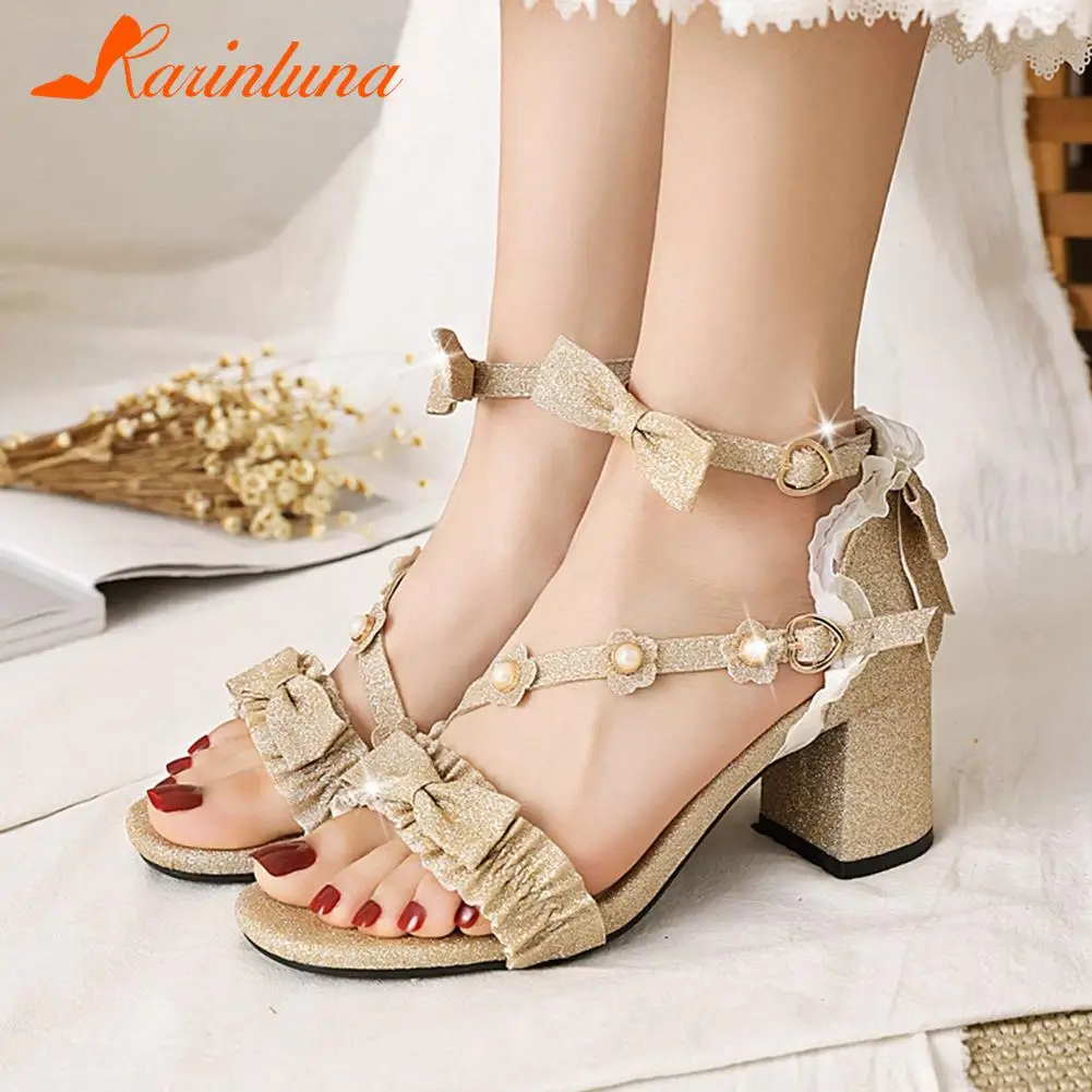 

Женские босоножки на квадратном каблуке Karinluna, однотонные сандалии с бантом-бабочкой и пряжкой, большой размер 33-45