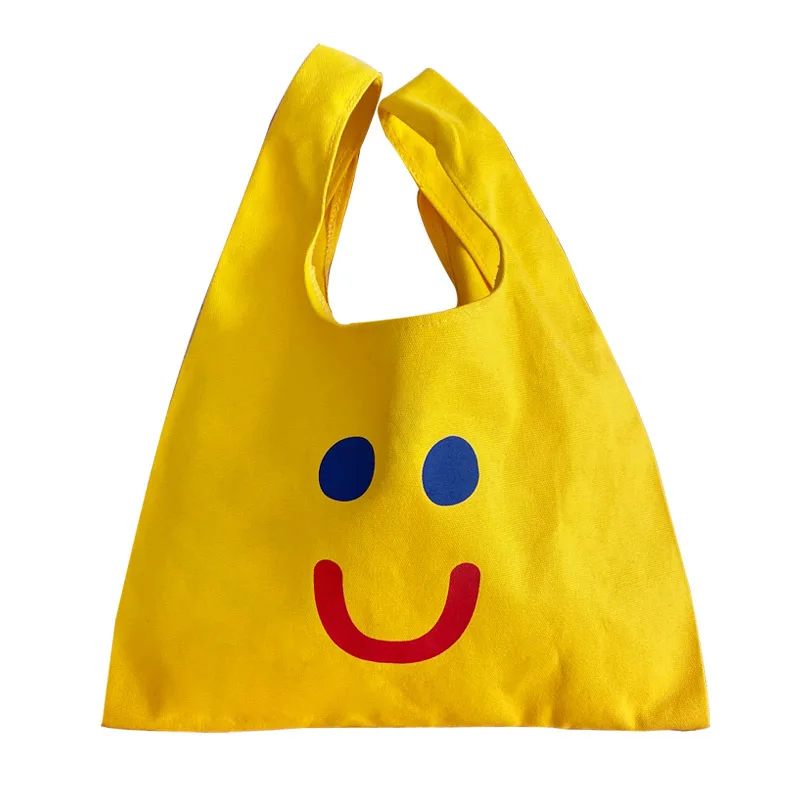 

Cute Smile Face Women Double-sided Vest Bag Large Capacity Ladies Reusable Canvas Shopping Shoulder Bags Female Tote Handbags