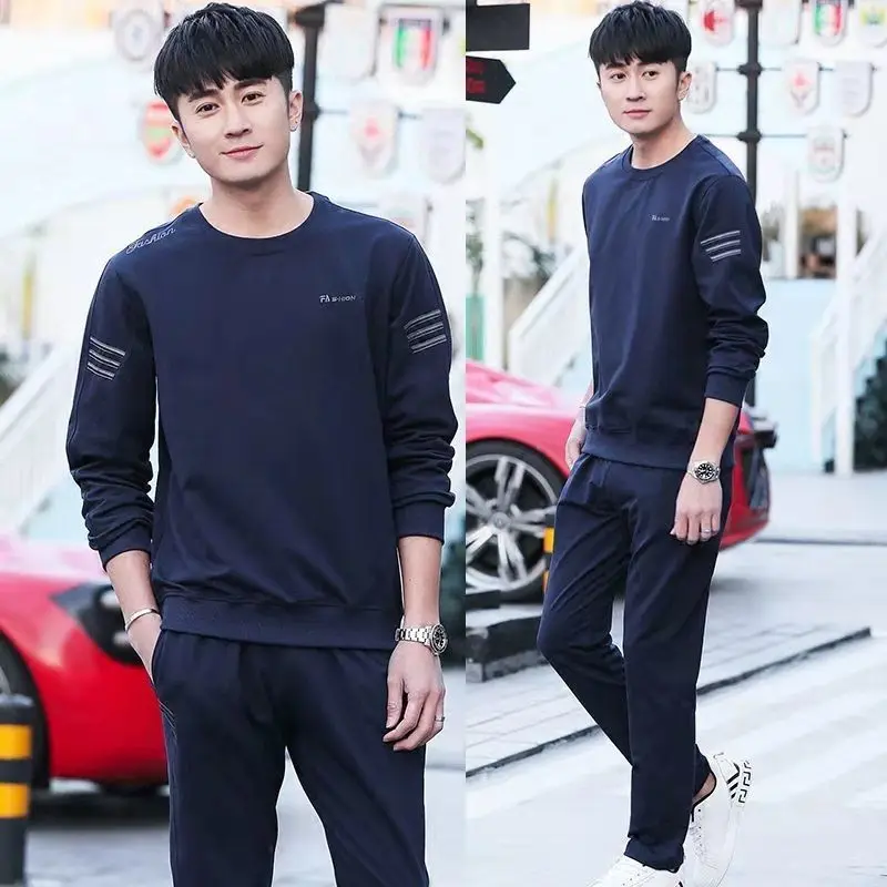 

Pure cotton casual long-sleeved trouser suit men spring and autumn two-piece young and middle-aged sweater sportswear trend