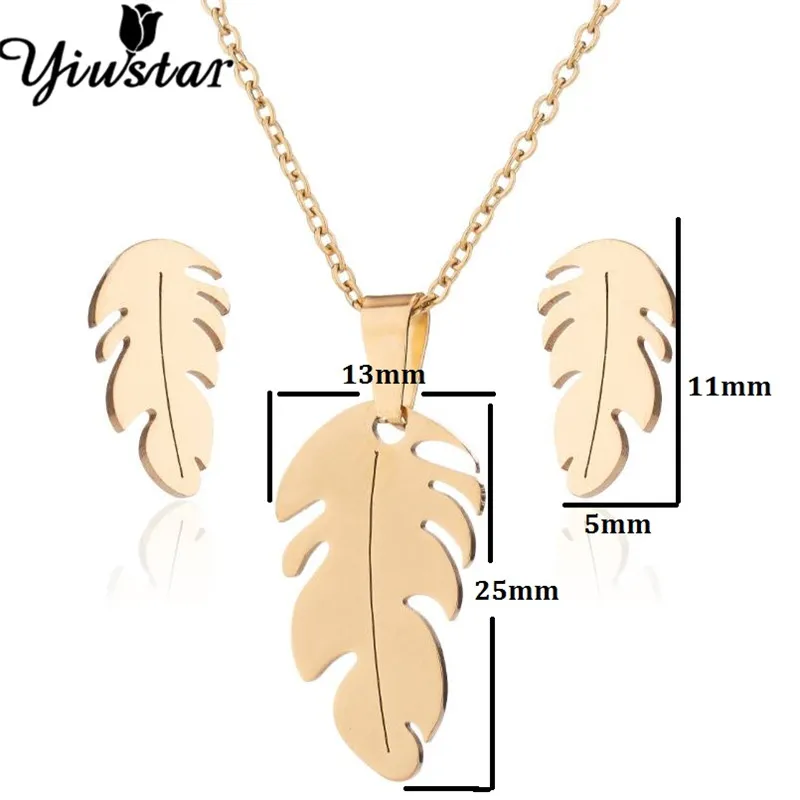 Yiustar Gold Trendy Feather Necklace Leaf Jewelry Sets for Women Stainless Steel Statement Earrings Girls Earing Bijoux | Украшения и