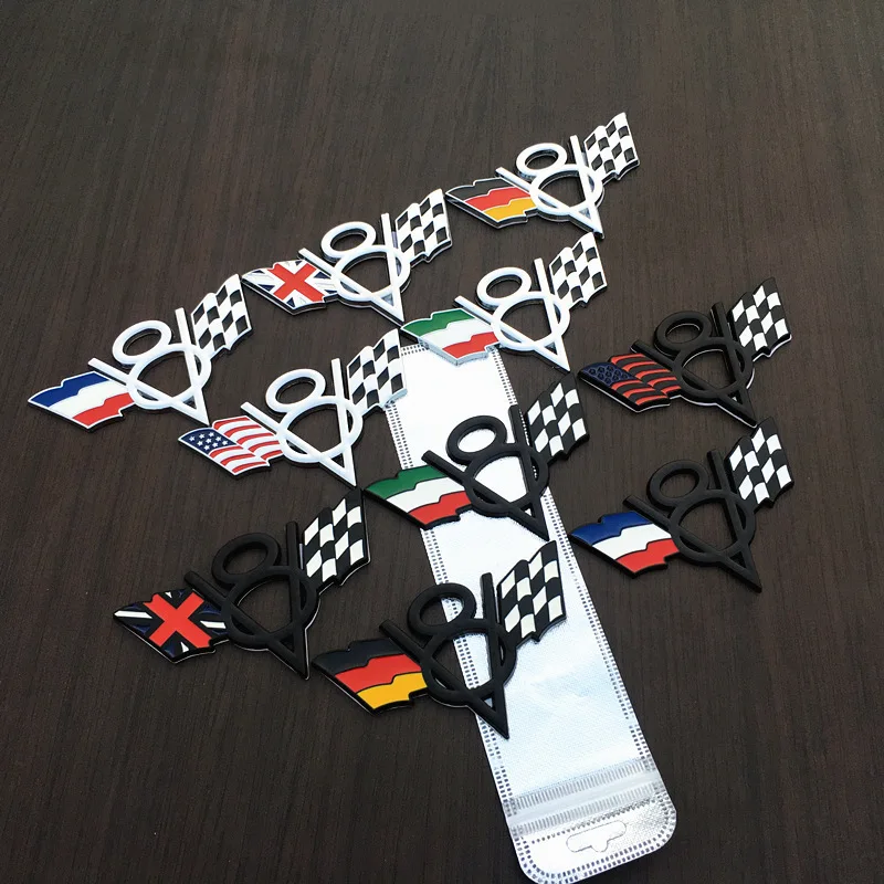 

1 Pcs 3D V8 US France Germany Italy United Kingdom flags Moto Car Stickers Emblem Badge Car Styling for Bmw Ford Audi Toyota
