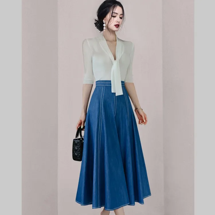 

Temperament Vintage 2 Pieces Set Women Spring Elegant White Bow Tie Tops + High Waist Denim A-Line Skirts Chic Office Lady Suit