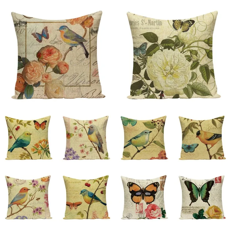 Винтажный чехол для подушки с бабочками птицами цветами хлопковая льняная