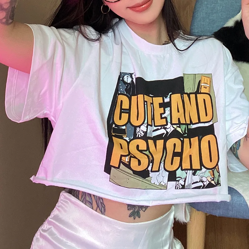 

2021 summer new women's round neck letter printing loose and thin open navel short sleeve T-shirt