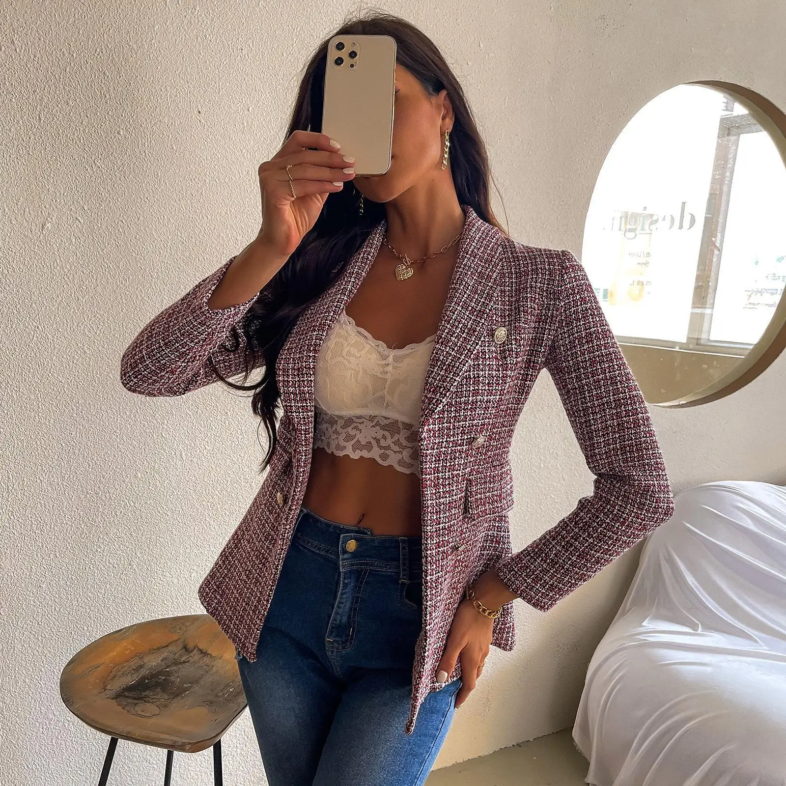 

Женская куртка осень-зима 2022 Новая профессиональная одежда клетчатый костюм куртка повседневная куртка