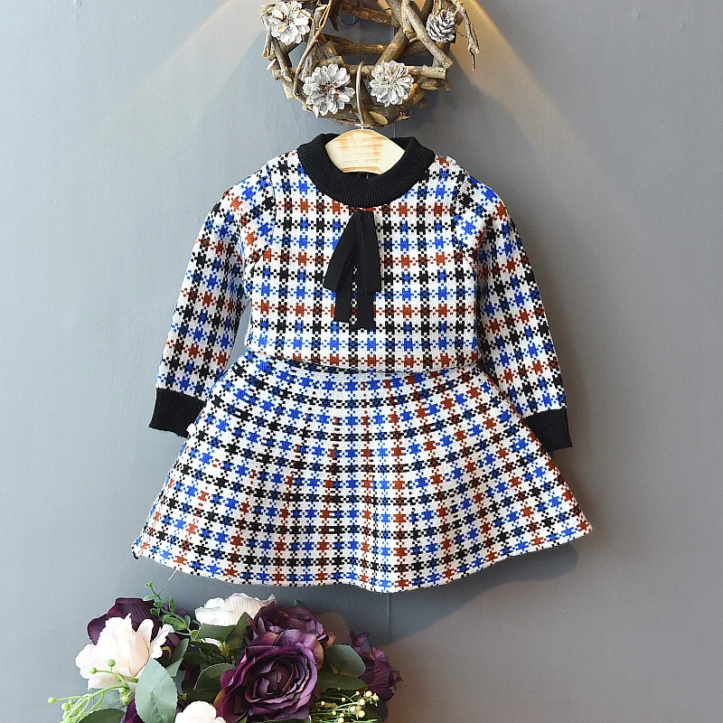 Зимняя одежда для девочек Вязаный свитер и юбка принцессы осенний костюм