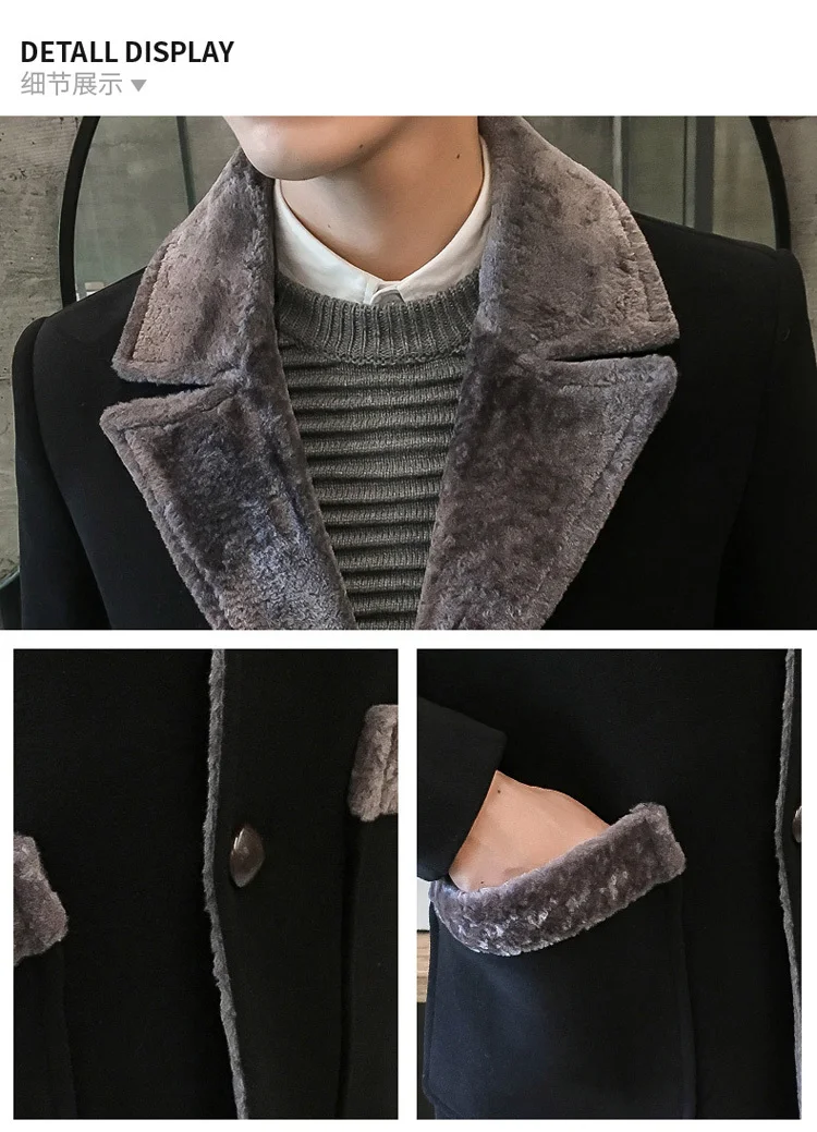 Fur Collar Trench Coat Men Wool Blend Winter Coat Slim Fit Men Manteau Homme Mid-Long Black Grey Mens Trench Coat Blue 4xl 5xl