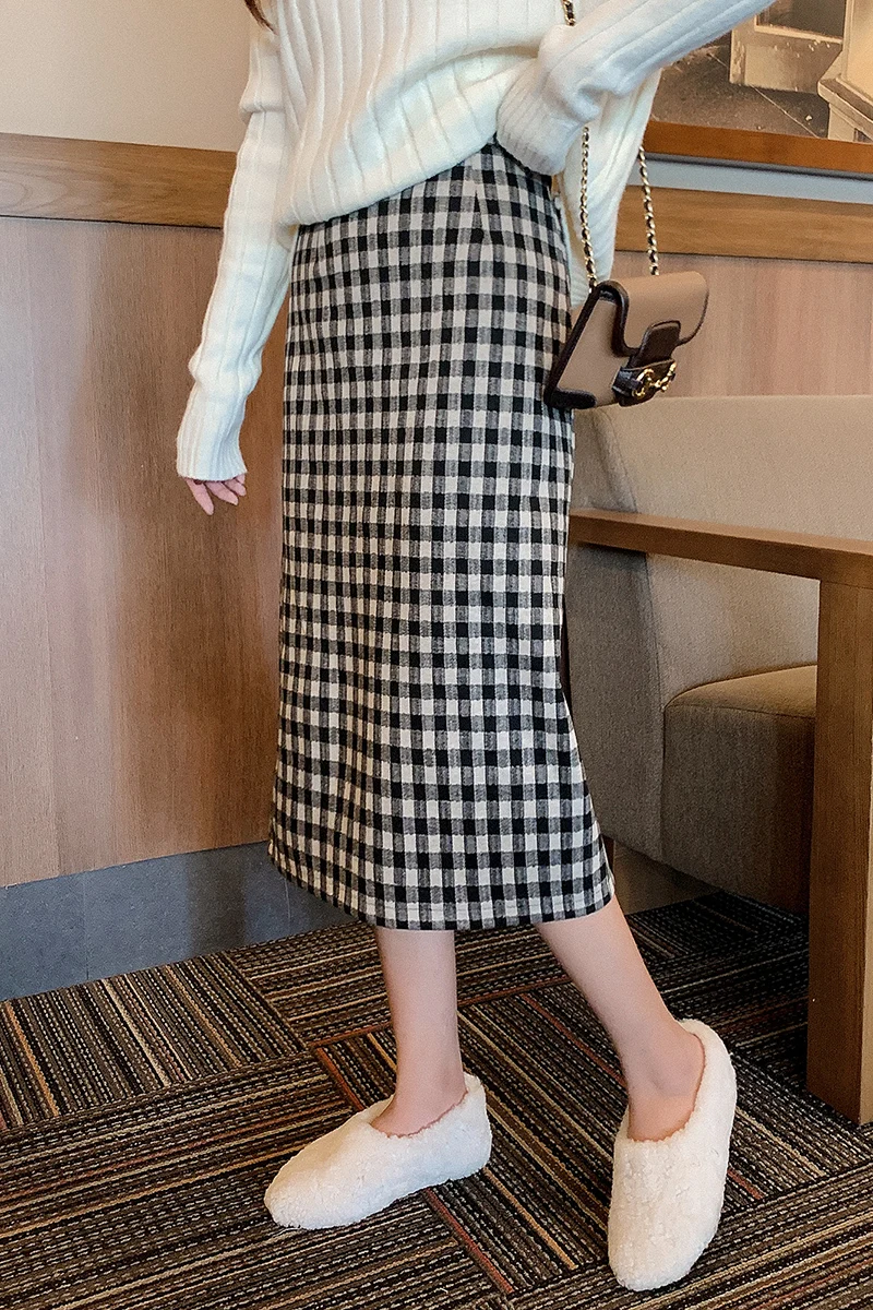 

New Harajuku Autumn Winter Women Midi Skirt High Waist Plaid Female Korean streetwear Long skirts