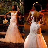 african mermaid wedding dresses spaghetti lace tulle sweep train backless zipper vestido de novia sexy wedding gown bridal dress
