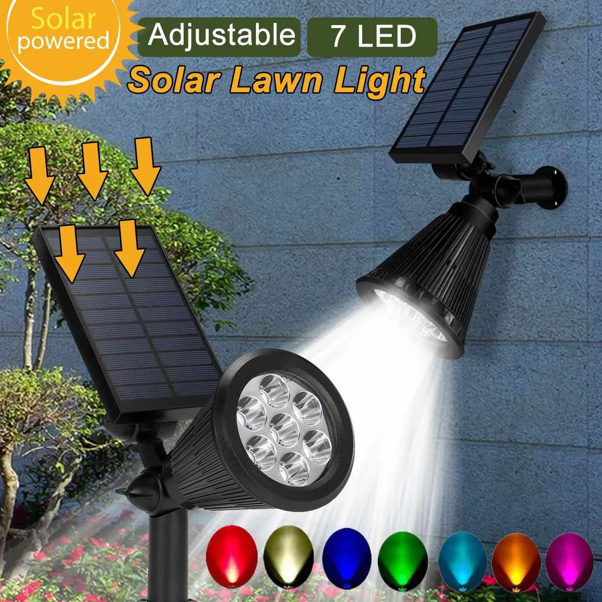 

Светодиодный RGB-светильник на солнечной батарее, водонепроницаемый садовый светильник для газона, 7 светодиодов, меняющий цвет, настенный д...