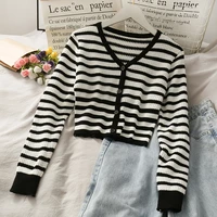 2021spring and autumn womenknitted jacket thin cropped cardigan full sleeve knitted blouse stri white black v neck elastic top
