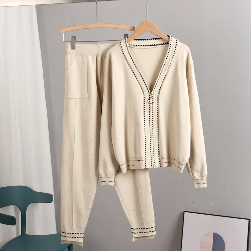 

2 Piece Sets Womens Outfits Knitwear Suit Long Sleeve V-Neck Zipper Knitted Cardigan + Pencil Pants Fashion Casual Tracksuits