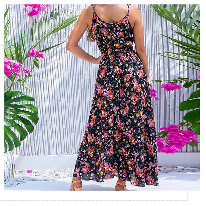 

Bohemian Fashion Print Women Long Dress 2020 Summer V-neck Spaghetti Straps Dress for Ladies