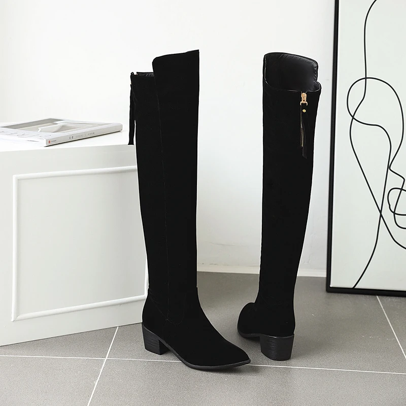 

European casual style comfortable round toe over knee high boots zipper black medium heel thick riding boots women's shoes