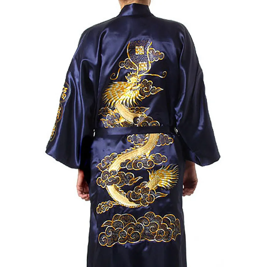 Navy kimono 7 цветов традиционные японские кимоно с вышивкой в виде дракона халат Для мужчин ночная рубашка, юката атласные пижамы Для Мужчин's Quimono самурая мужской - Цвет: Navy kimono