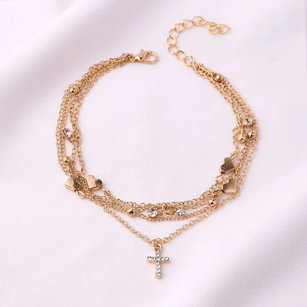 

Fashion Jewelry Multi Layer Anklet Cross Pendant Heart Charms Anklets