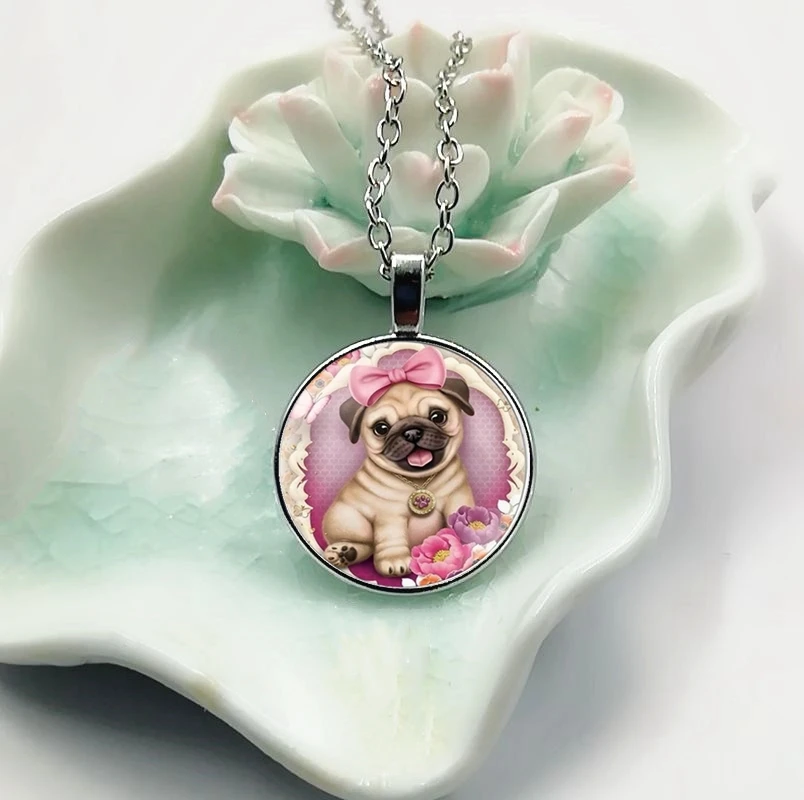 

2019 New Charm Fashion Pop Cute Pink Pug Dog Glass Convex Round Pendant Necklace