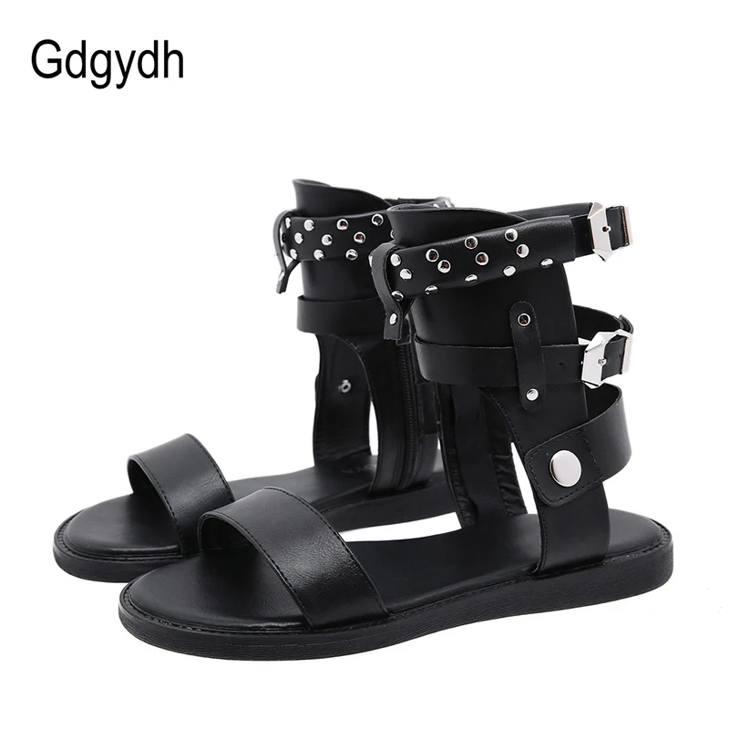 

Gdgydh Sexy Rivets Ankle Strap Black Flat Sandals Women Metal Buckle Rome Shoes Female Side Zipper Bohemian 2020 Drop Shipping