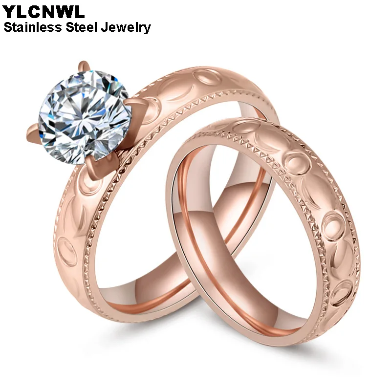 Кубический цирконий нержавеющей стали обручальное Пара Набор обручальных колец