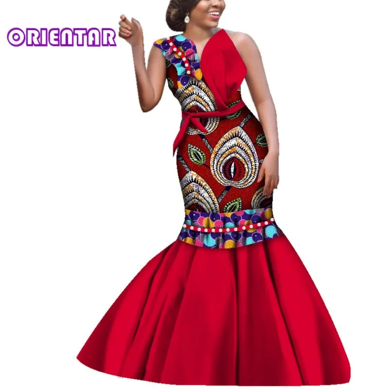 New 2019 African Dresses for Women African Wax Print One-Shoulder Party Mermaid Dress Elegant Lady African Maxi Ball Gown WY3969