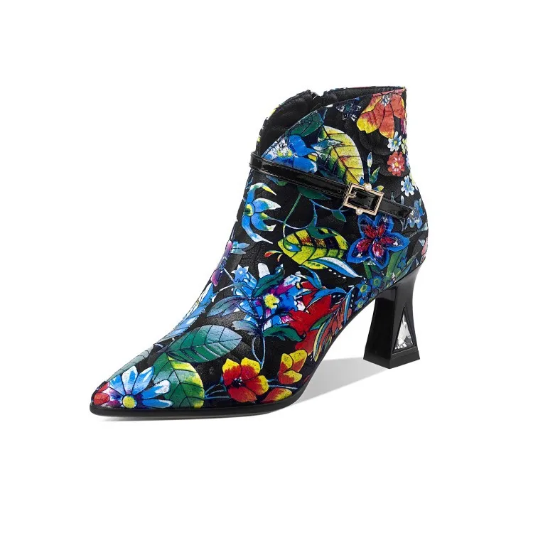 

Cashmere women's boots 2020 new style short tube printed women's shoes thick High Heel Dress Boots