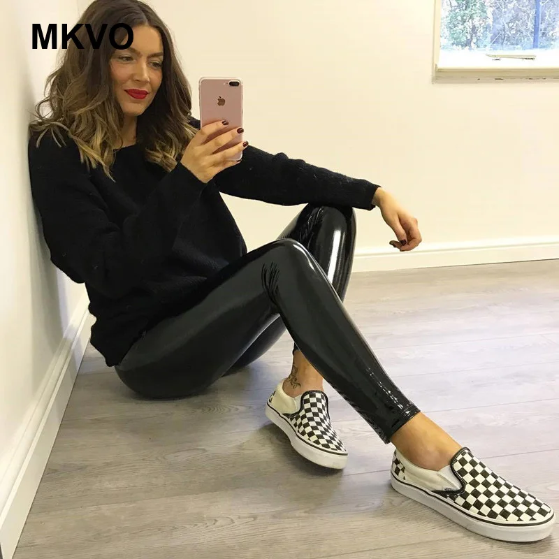 Женские черные леггинсы из ПУ кожи светоотражающие сексуальные эластичные с