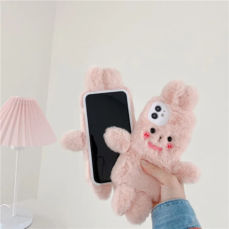 

Pretty Cartoon Pink Bow Rabbit Furry Plush Warm Cases for IPhone 12 11 PRO MAX X XS XR Phone 7 8 Plus IPhone12 SE CASE Cover
