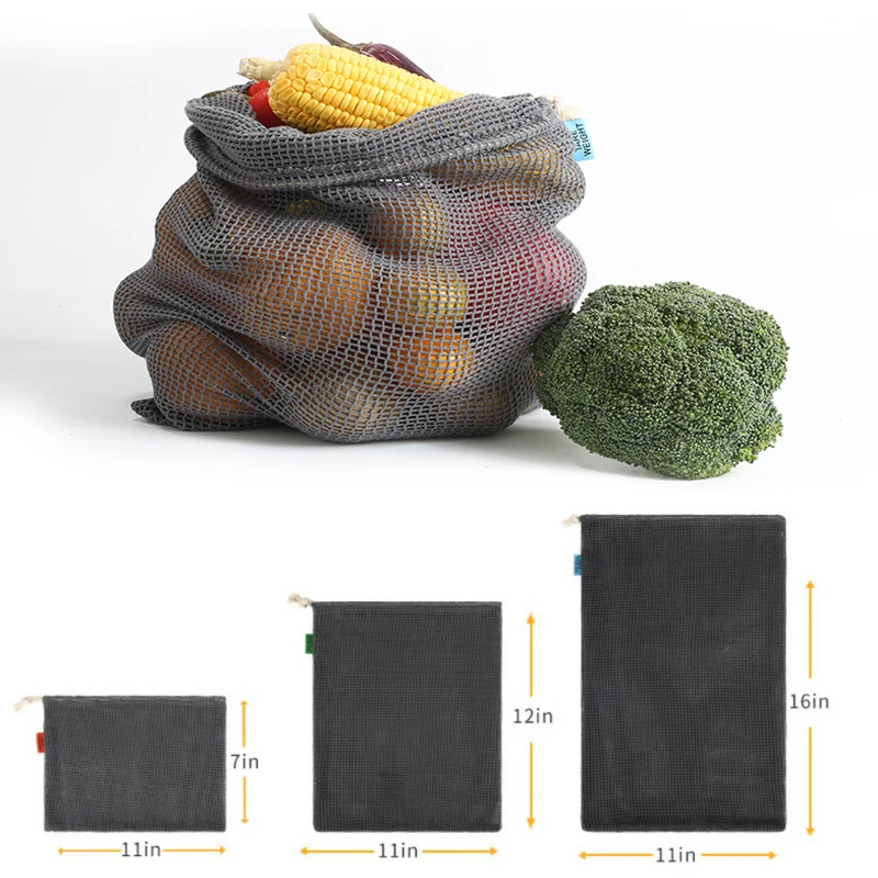 

Food Grade Safety and Environmental Protection Black Reusable Bags Rope Mesh Storage Vegetable & Fruit & Grocery Bags