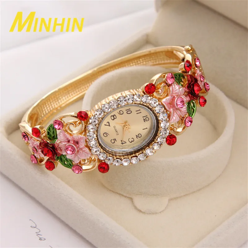 Роскошные женские часы бренд MINHIN браслет с цветком и кристаллами милый подарок