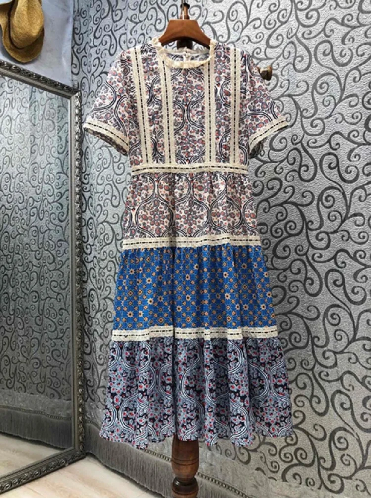 

100%Cotton Women's Dress 2021 Fashion Designer Ladies Exquisite Floral Print Appliques Embroidery Short Sleeve Dress Vintage