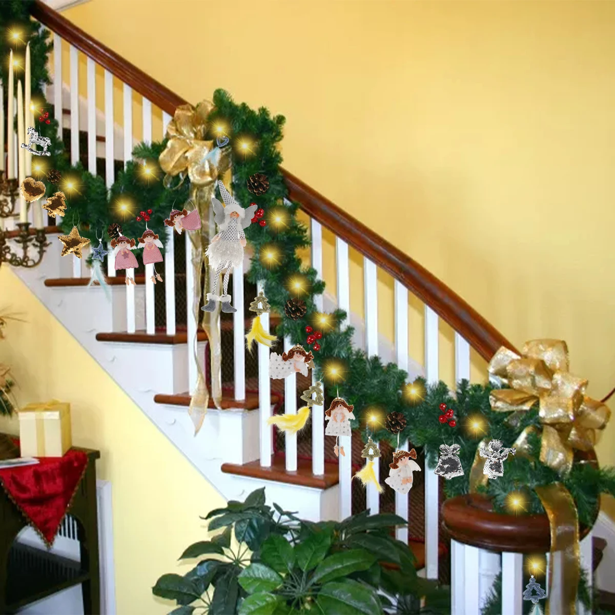 

2.7m Christmas Garland with Light String Artificial Pine Cone Christmas Wreath with 20 Cute Pendants DIY Xmas Rattan Ornament