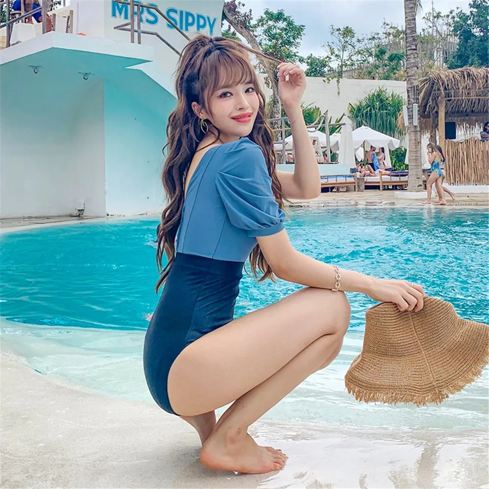 Korea Style One Piece Swimsuit Women Solid Swimwear Short Sleeve Monokini Push Up Swim Suit Backless Trikini Bathing Blue |
