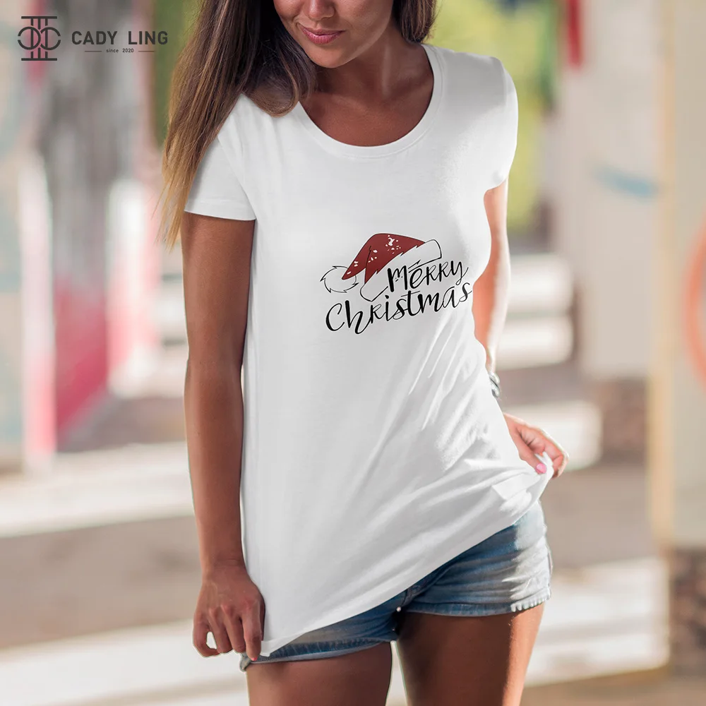 

Cotton T Shirt Women Summer New Oversized Solid Basic Tees 2 Color Casual Loose Tshirt Korean O Neck merry christmas print Tops