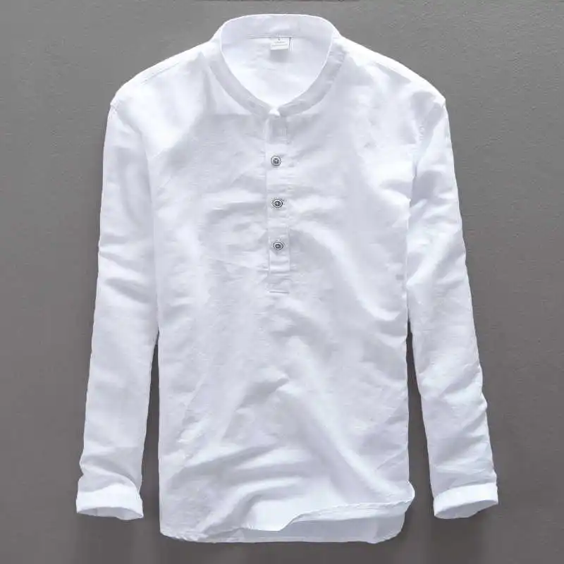 

men's Stand collar long sleeves linen cotton shirt casual summer shirt men white sky blue solid dress shirts male